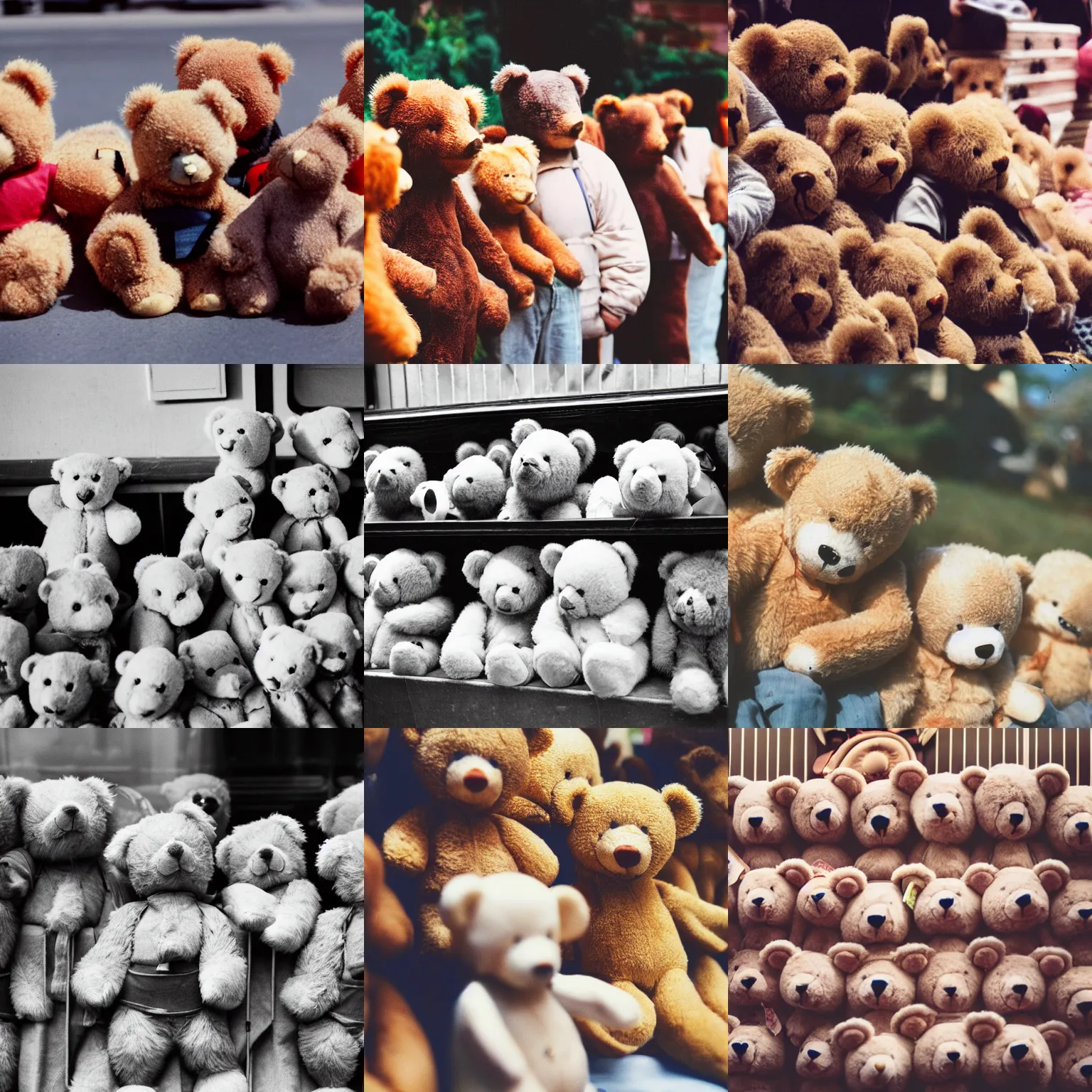 Prompt: Teddy bears waiting in a queue, 35mm photography