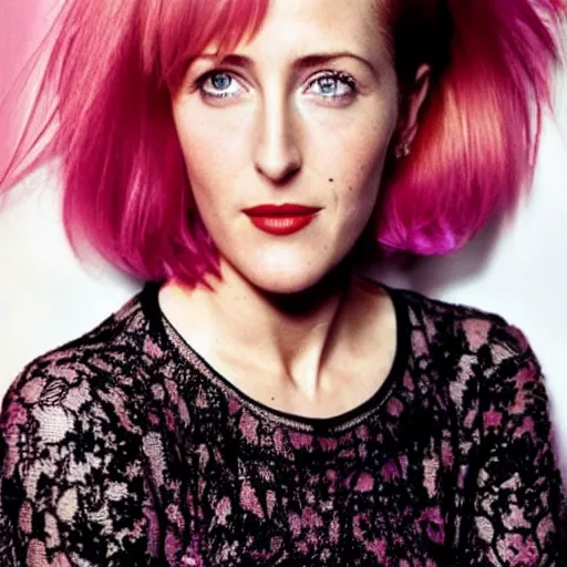 Prompt: photo of a gorgeous 20-year-old Gillian Anderson with pink pixie cut hairstyle by Mario Testino, detailed, head shot, award winning, Sony a7R -