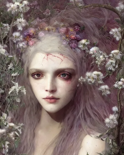 Image similar to a beautiful but creepy young woman in layers of fear, with haunted eyes, violence in her eyes, crazy white hair, wearing a punk outfit, 1 9 7 0 s, seventies, delicate embellishments, a little blood, woodland, moonlight shining on wildflowers, painterly, offset printing technique, by alexandre cabanel