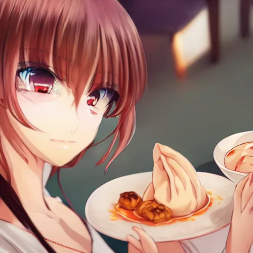 Prompt: happy sexy anime girl eats dumplings, concept art, trending on artstation, highly detailed, intricate, sharp focus, digital art, 8 k