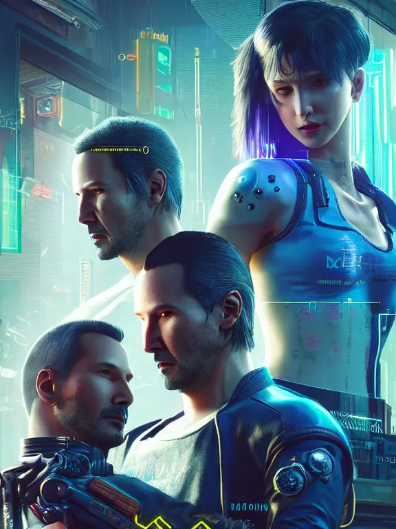 Prompt: a highly detailed photorealistic cyberpunk 2077 couple portrait of Keanu Reeves and female android,lots of electric cable behind,connected to giant computer,couple pose,love,fantasy, intricate, elegant,by Alex Horley and Greg Rutkowski,artstation,deviantart,FAN ART,Unreal Engine,Digital painting,face enhance,8K,golden ratio,cinematic lighting