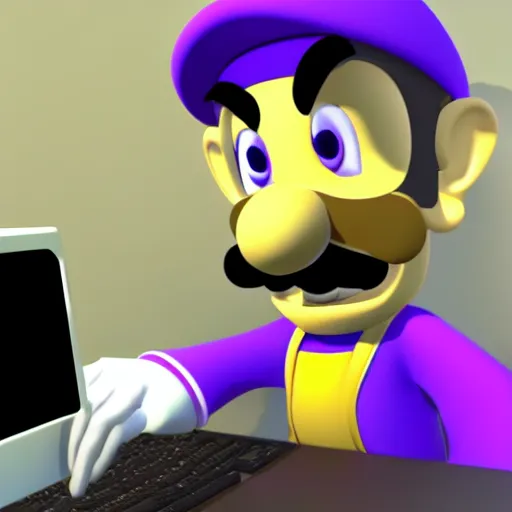 Prompt: waluigi using the computer, hd