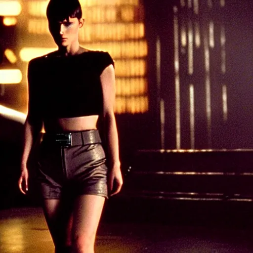 Prompt: anna paquin in bladerunner by ridley scott, sexy black shorts, wearing black boots, wearing a sexy cropped top, 4 k quality, highly detailed, realistic, intense, cyberpunk