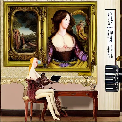 Image similar to renaissance oil painting, rococo, manga skinny female artist gestural painting brush freely giant wall size computer screen and keyboard, dolls