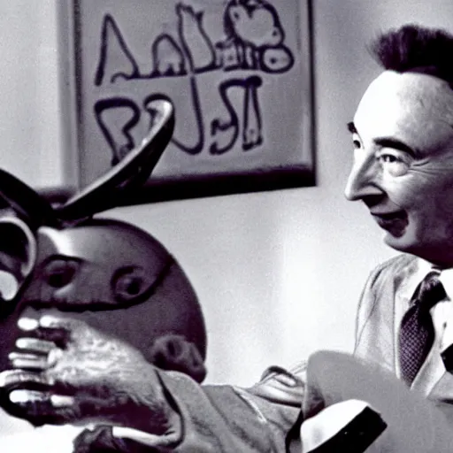 Image similar to color photo of robert oppenheimer debating with teletubbies