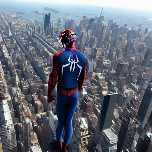 Prompt: marvel spider - from back hands on waist standing on top of the empire state building