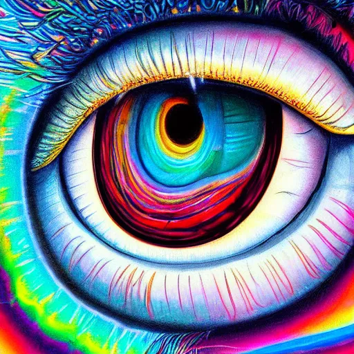 Image similar to higly detailed painting of human eye, in the style of lisa frank, fibonacci, surreal, photorealistic, studio ghibli, art nouveau