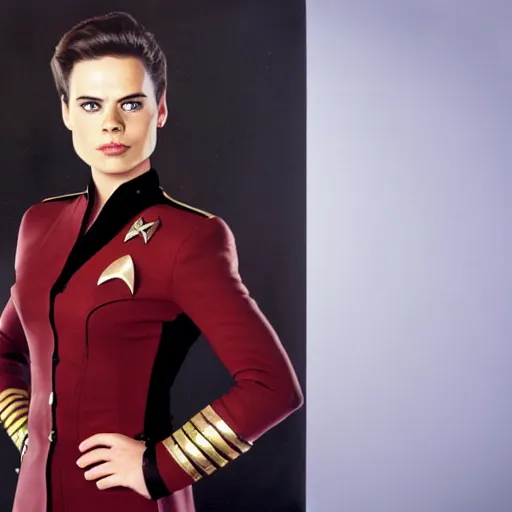 Image similar to a beautiful full body photograph of younger hayley atwell as a star fleet officer from star trek next generation, full dress uniform, symmetrical face, extreme realism and detail, 8 k, completely framed, direct lighting, 3 5 mm photo, photorealistic, sharp focus