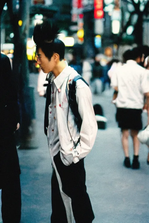 Image similar to street photography of a young japanese man in 9 0 s fashion, in tokyo shinjuku, shot on cinestill 5 0 d with a canon 3 5 mm at f / 5. 6 lens, haruto hoshi, yang seung - woo, saul leiter