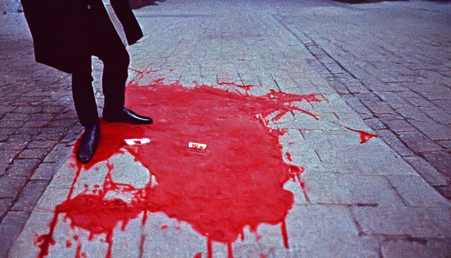 Image similar to 1 9 7 0 s movie still of maximilien de robespierre's head on the pavement with blood, cinestill 8 0 0 t 3 5 mm, high quality, heavy grain, high detail, cinematic composition, dramatic light, anamorphic, ultra wide lens, hyperrealistic
