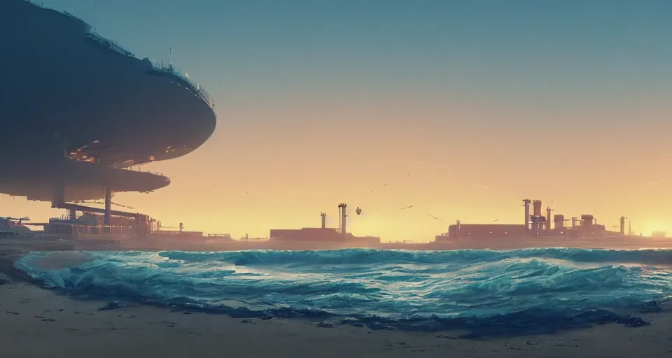 Image similar to A very beautiful serene coastal landscape scene with a GIANT INDUSTRIAL OIL RIGGING FACTORY looming in the distance, bright SUNSET waves splashing on the beach, rendered by simon stålenhag, rendered by Beeple, Makoto Shinkai, syd meade, environment concept, digital art, starwars, Gundam Style, unreal engine, 3 point perspective, WLOP, trending on artstation, low level, 4K UHD image, octane render,