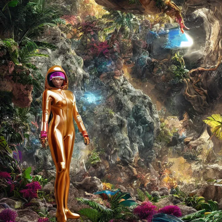 Image similar to octane render portrait by wayne barlow and carlo crivelli and glenn fabry, focus on a woman wearing a clear iridescent plastic spacesuit with intricate iridescent metal helmet, surrounded in colorful tropical alien flora in front of a giant rocky cave opening, cinema 4 d, ray traced lighting, very short depth of field, bokeh