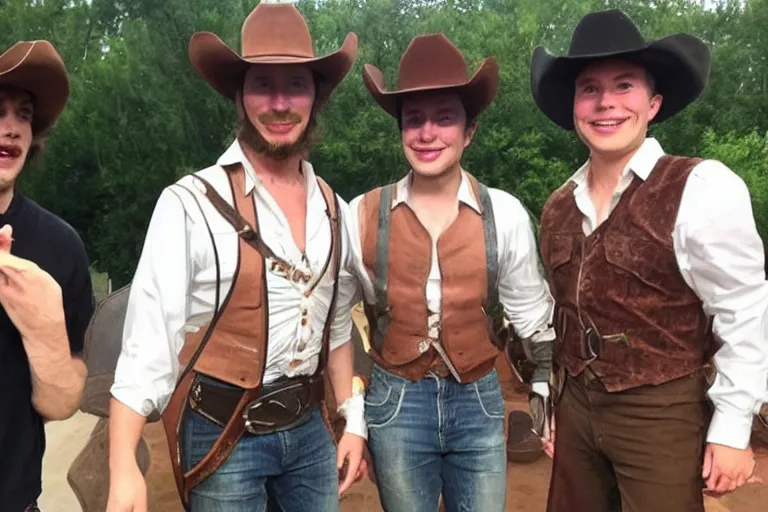 Prompt: david dressed as cowboy costume, group of 3 friends, elon musk, pewdiepie, mrbeast!!!