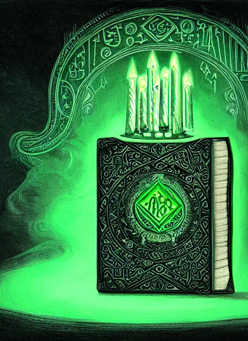 Image similar to illustration of a grand old book, arcane tome filled with green glowing runes, close up of book, runes, green glowing runes, intricate, elegant, candle light, highly detailed, digital painting, artstation, concept art, smooth, sharp focus, illustration, art by wlop, mars ravelo and greg rutkowski