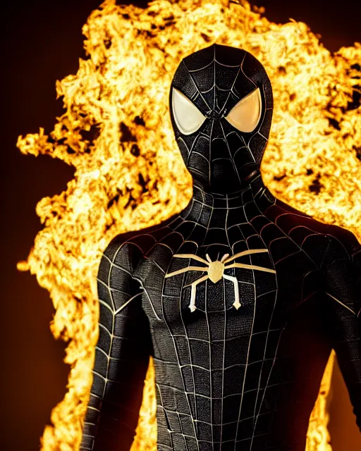 Prompt: photograph of a black and gold suit spider - man stood infront of a blazing inferno, dslr, cinematic, volumetric lighting, 8 k resolution, photorealistic