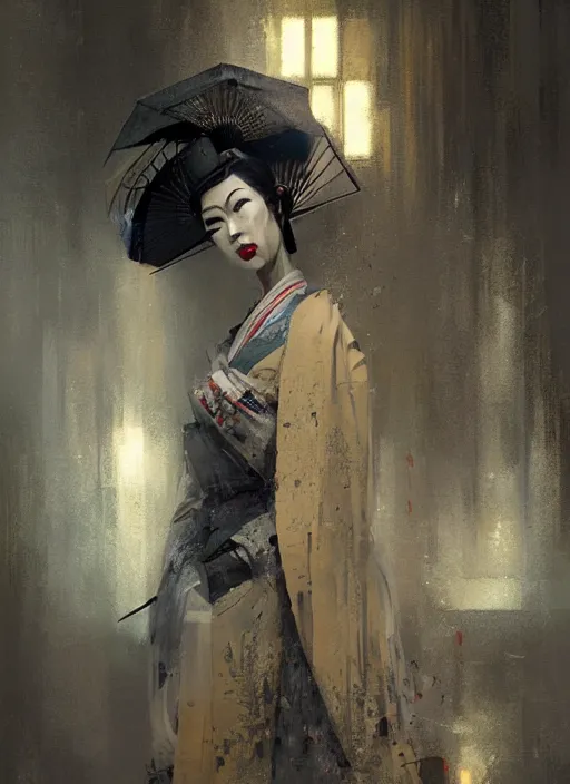 Image similar to female geisha robot, rule of thirds, intricate outfit, spotlight, by greg rutkowski, by jeremy mann, digital painting