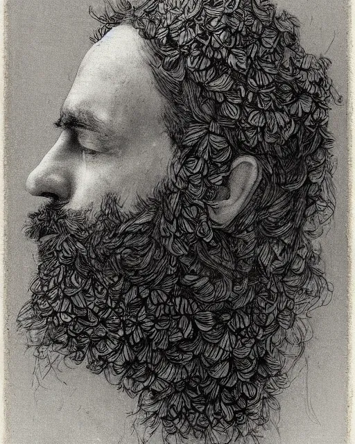 Prompt: a man's face in profile, long beard, made of flowers, in the style of the Dutch masters and Ansel Adams, dark and moody