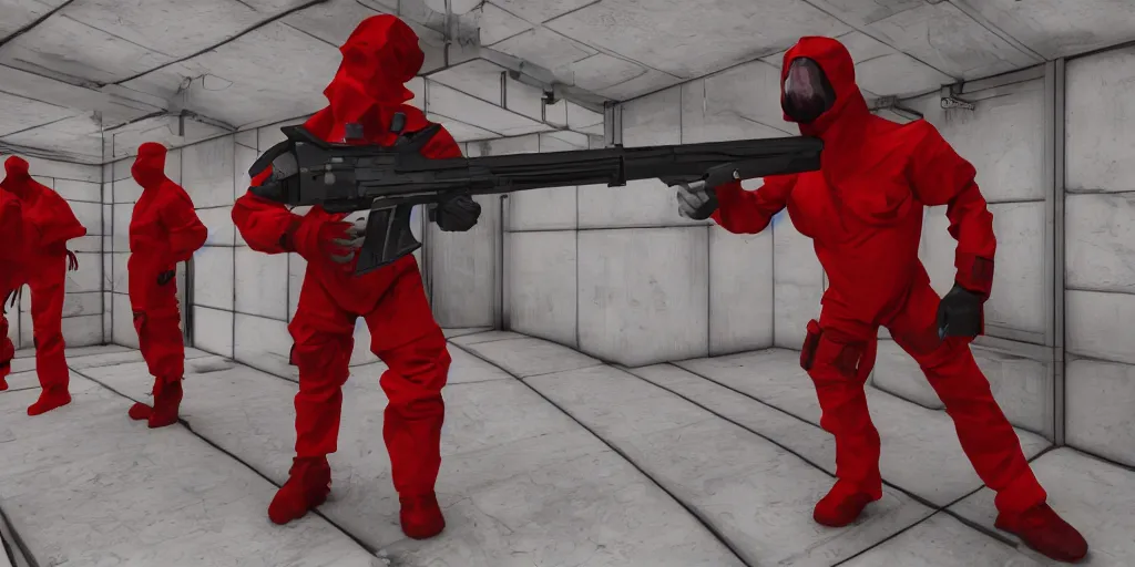 Image similar to red hazmat holding a minimalist shotgun, in an underground facility, sterile, MC Escher style architecture, human farm, action shot, cinematic, unreal engine, concept art