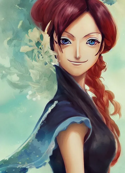 Prompt: a portrait of Nami from One Piece if she was real, wearing a traditional kunoichi dress, intricate, highly detailed, digital painting, artstation, concept art, smooth, sharp focus, illustration, art by Charlie Bowater and Gustave Baumann