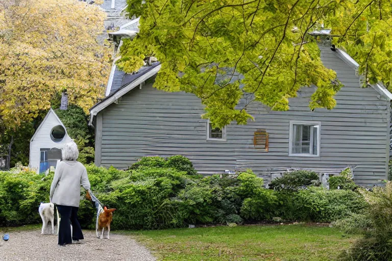 Image similar to the sour, dour, angry lady across the street is walking her three tiny white dogs on leashes. she shuffles around, looking down. she has gray hair. she is wearing a long gray cardigan and dark pants. highly detailed. green house in background. large norway maple tree in foreground. view through window.