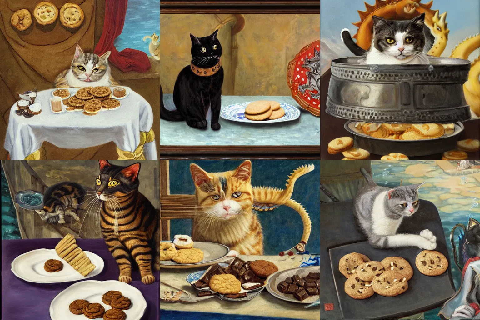 Prompt: a cat eating cookies by the pool wearing an armor with two dragons on the plates, oil painting