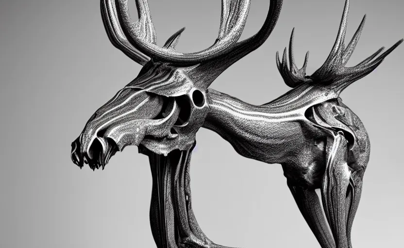 Image similar to stylized shiny polished silver statue full body extra limbs bizarre cosmic horror quadruped animal moose deer skull four legs made of marble of slug creature tendrils, perfect symmetrical body, perfect symmetrical face, hyper realistic, hyper detailed, by johannen voss, by michelangelo, octane render, blender, 8 k, displayed in pure white studio room medical render red veins