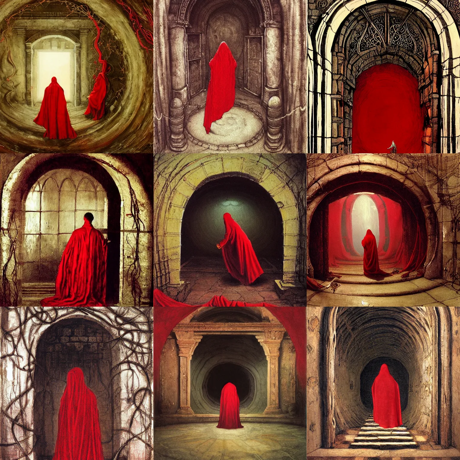 Prompt: person in red robes, magic circle on floor, opening of an sealed ancient door with intricate design leading to a the unknown, stone walls, vines, painting, high detailed, fantasy, particles, fog, creepy, tintoretto, beksinski, masanori warugai, wlop