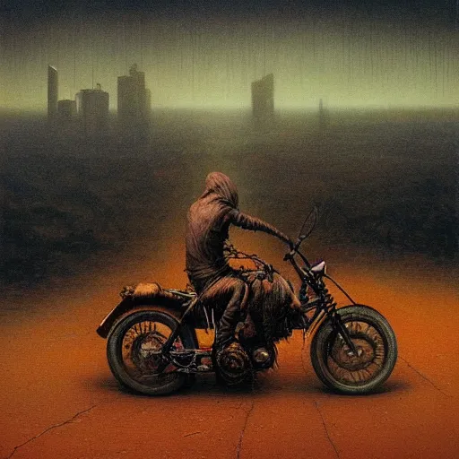 Prompt: lone apocalyptic traveler on a motorcycle riding through new york, highly detailed beksinski painting