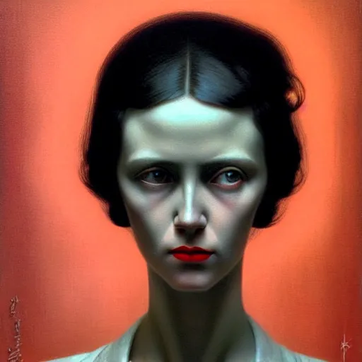 Image similar to portrait of woman from 2 0 s decade of xx century, dark atmosphere, lynchian, art by kuvshinov ilya and zdislav beksinski and wayne barlowe