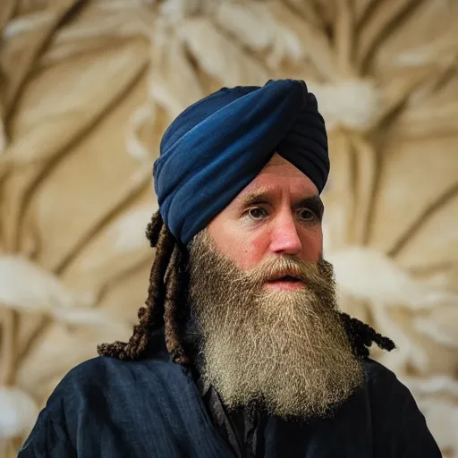 Prompt: a portrait of joe biden wearing a long beard and a turban joining the taliban, fine details, close up, 8 k photography, depth of field, bokeh. i