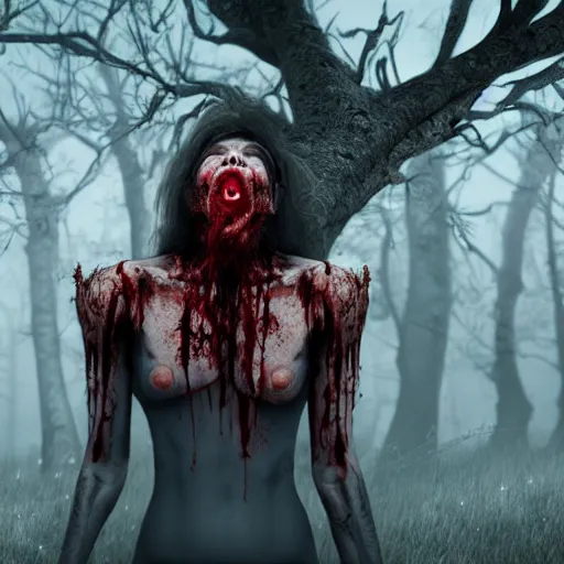 Prompt: A realistic detailed photo of a creepy witch, blood, exploded belly, red eyes, destroyed body, dead skin, dead trees, detailed body, teeth filled with cavities, foggy landscape, creepy, light particles, detailed light, realistic shaders, trending on artisation, detailed textures, detailed, realistic.