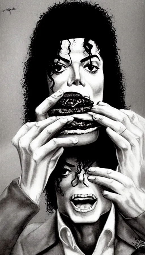 Prompt: michael jackson eating a hamburger 1 9 8 9. portrait by jean giraud and anton otto fischer