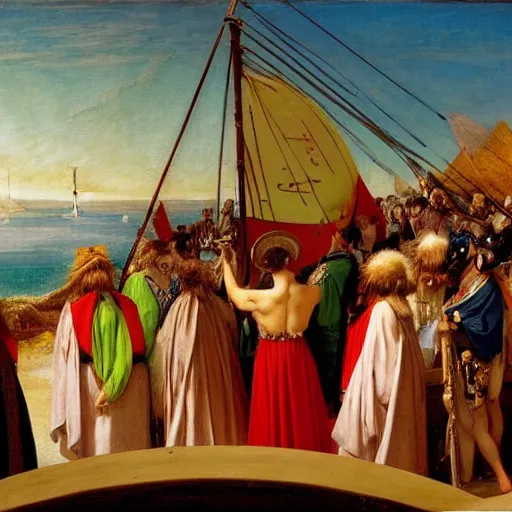 Image similar to A hundred people with jester hat and clothes on a greek circle archi on the front of a Balustrade with a beach and a sail boat on the background, major arcana cards, by paul delaroche and arnold böcklin hyperrealistic 8k, very detailed