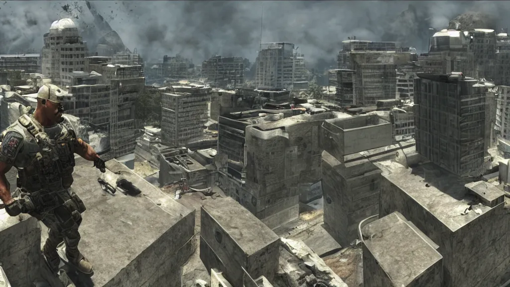 Image similar to dwayne the rock johnson, dwayne the rock johnson in the call of duty map highrise, modern warfare 2 highrise, screenshot