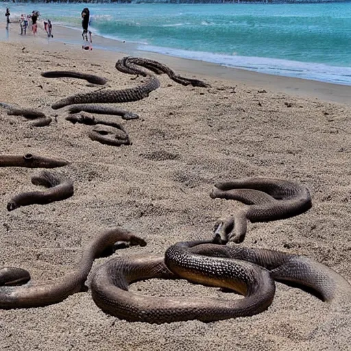 Prompt: deep pit of venomous snakes on a beach