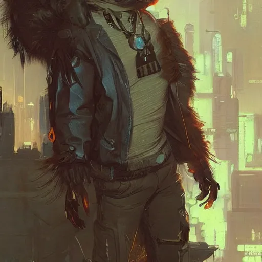 Prompt: anthropomorphic furry coyote character in cyberpunk clothes. Renowned character illustration by greg rutkowski, thomas kindkade, alphonse mucha, loish, norman rockwell. Trending on artstation.