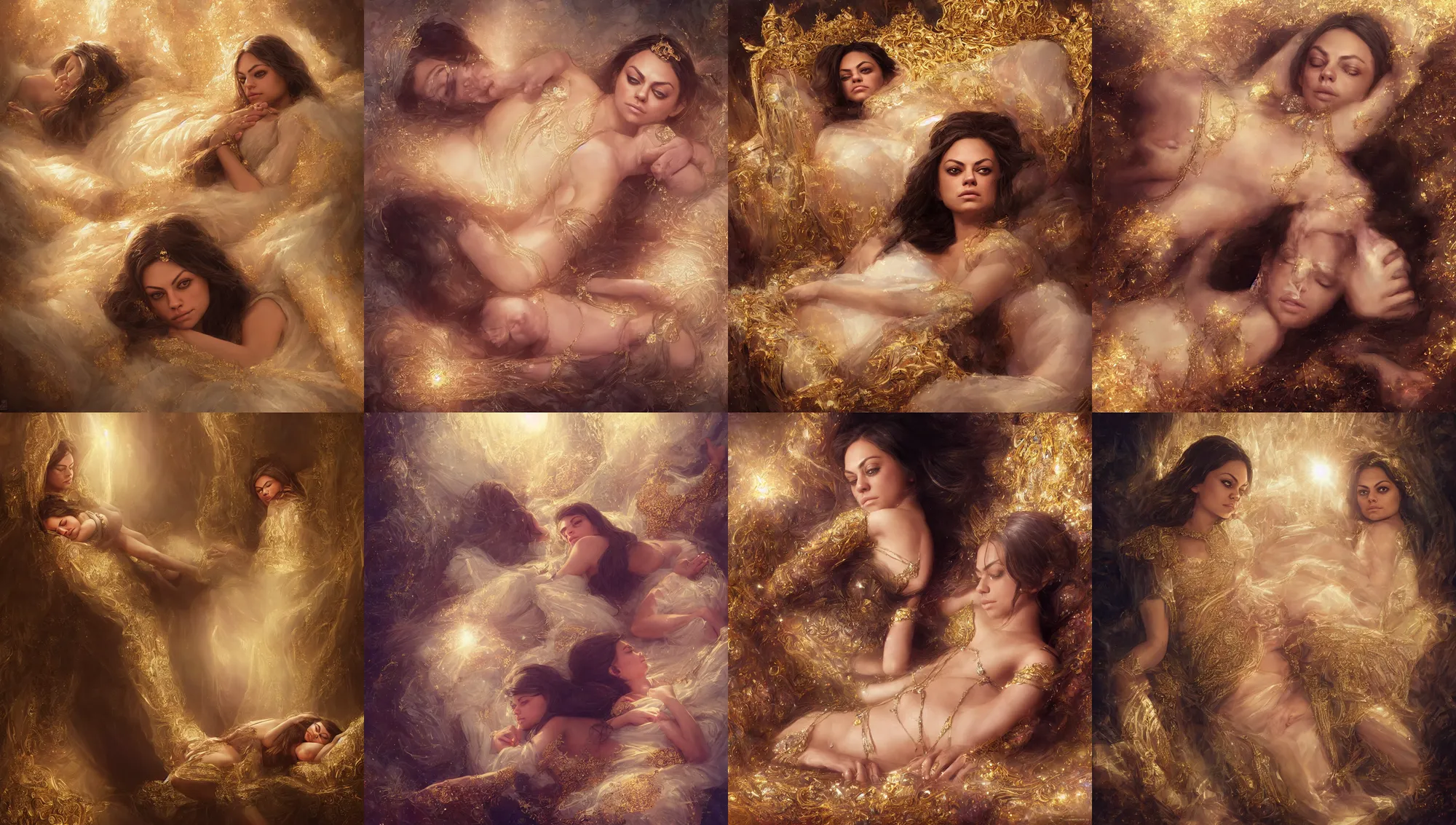 Image similar to close portrait of mila kunis as a little princess sleeping on her throne, intricate, gold glow, diamond prisms, morning sun - rays, wlop, greg rutkowski, steve argyle, ilya kuvshinov, rossdraw, daniel f. gerhartz,