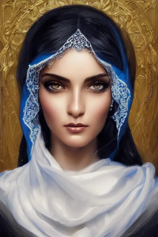 Image similar to modern tanned Ameera al-Taweel, bright blue eyes, wavy black hair, white veil, closeup, focus face, elegant, highly detailed, centered, oil painting, artstation, concept art by tom bagshaw