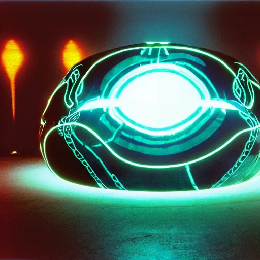 Prompt: annie liebowitz portrait of a hovering tron dinosaur egg made up of glowing electric plates and patterns. cinestill