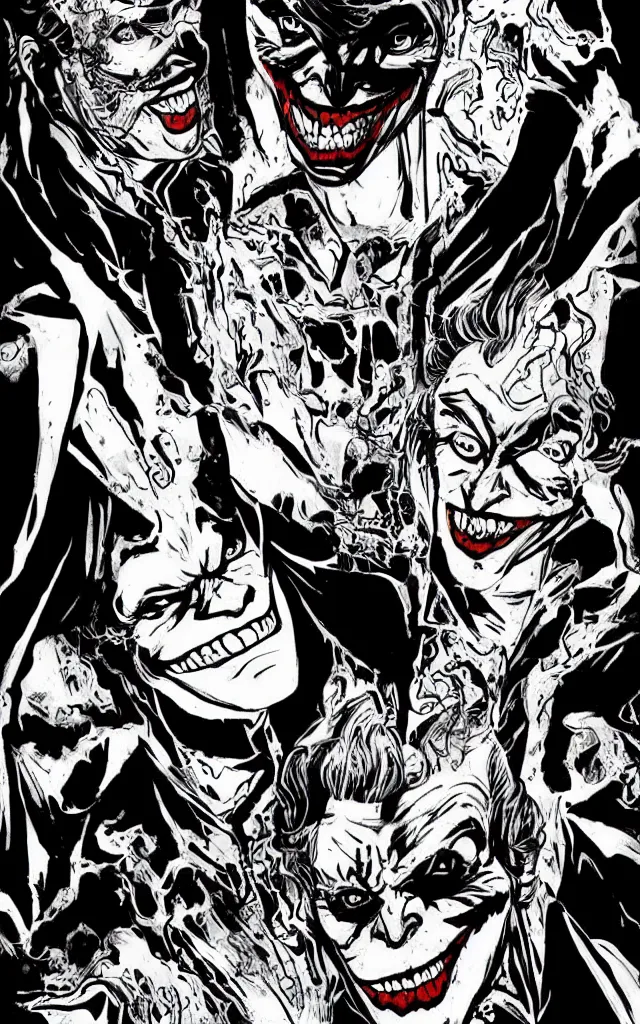 Prompt: Batman and joker in the style of junji ito, weapons, horror, manga