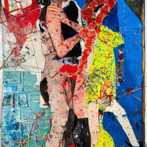 Image similar to two women kissing at a carnival, mixed media collage, vintage, paper collage, magazine collage, acrylic paint splatters, bauhaus, claymation, layered paper art, sapphic visual poetry expressing the utmost of desire by jackson pollock