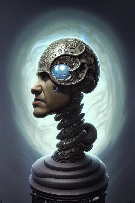 Image similar to anthropomorphic spiral head in marble ufoorb jack black cybermancer, intricate, elegant, highly detailed face, wide angle, digital painting, artstation, concept art, sharp focus, illustration, art by artgerm, bob eggleton, stephen hickman, richard corben, wayne barlowe, greg rutkowski, alphonse mucha, 8 k