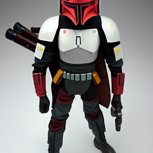 Image similar to Levi Ackerman, wearing a Mandalorian chest plate, holding his helmet. The chest plate is gray, red, gold, green, and white