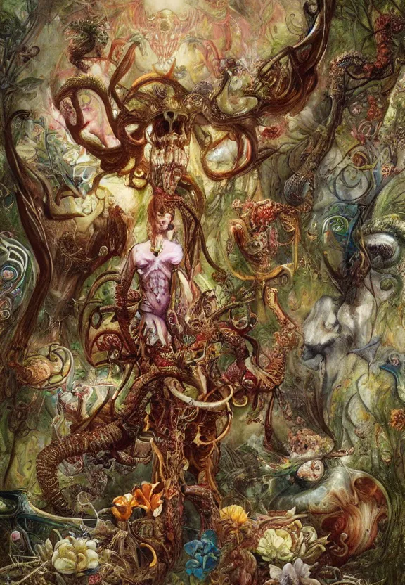 Image similar to simplicity, elegant, colorful muscular eldritch animals and bones radiating from fractal, orchids, lilies, flowers, mandalas, by h. r. giger and esao andrews and maria sibylla merian eugene delacroix, gustave dore, thomas moran, pop art, cyberpunk, art nouveau