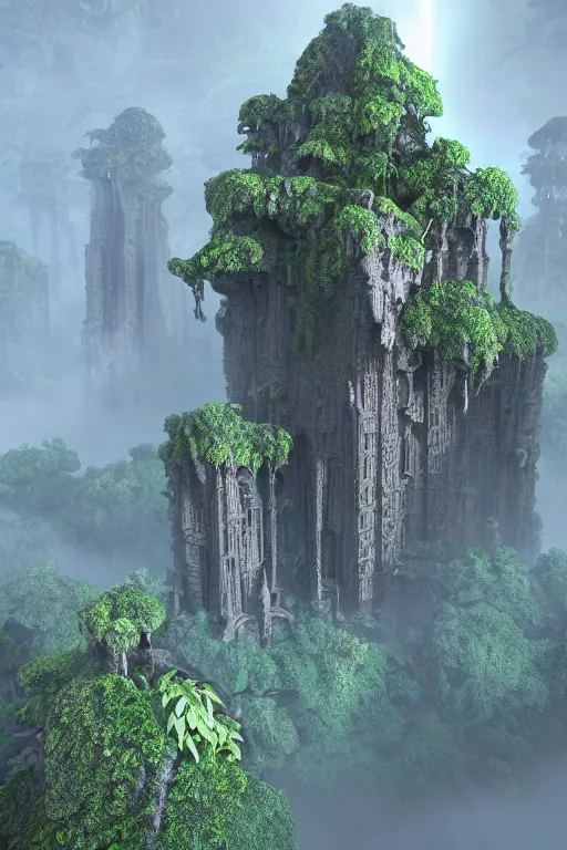 Image similar to ancient fractal temple megastructure in the hanging gardens of a radiant forest jungle, overgrown garden, scanned earth terrain fractal bridges, highly detailed erosion algorithm landscape, by albert bierdstat, by glenn small, high resolution, 8 k photorealism, god rays in volumes of fog, looking up perspective, unreal engine, octane render, realistic render