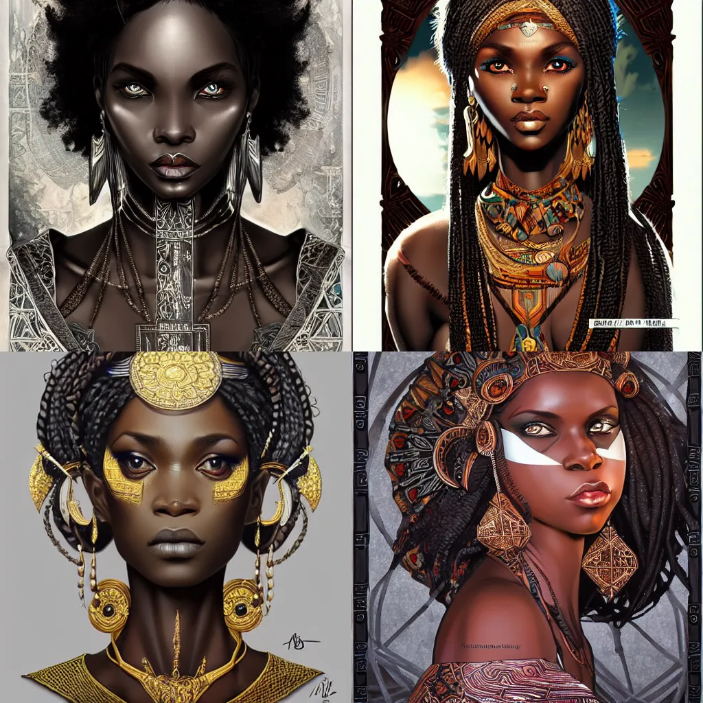 Prompt: black african princess, symmetric, intricate, highly detailed, concept art, sharp focus, illustration, mucha, aleksi briclot
