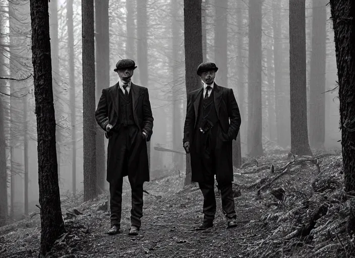 Image similar to a scene from peaky blinders, medium long shot, cillian murphy and tom hardy in a dramatic scene in the woods, sharp eyes, serious expressions, detailed and symmetric faces, black and white, epic photo by talented photographer ansel adams,