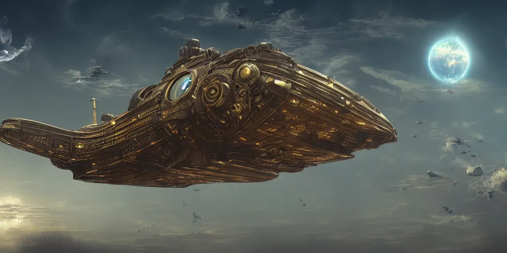 Image similar to steampunk spaceship hovering over fields and small houses, science fiction digital art, award winning, trending on artstation, digital art. highly detailed 8 k. intricate. lifelike.