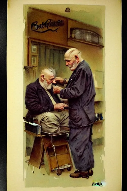 Image similar to (((((1950s barber shop with old men. muted colors.))))) by Jean-Baptiste Monge !!!!!!!!!!!!!!!!!!!!!!!!!!!