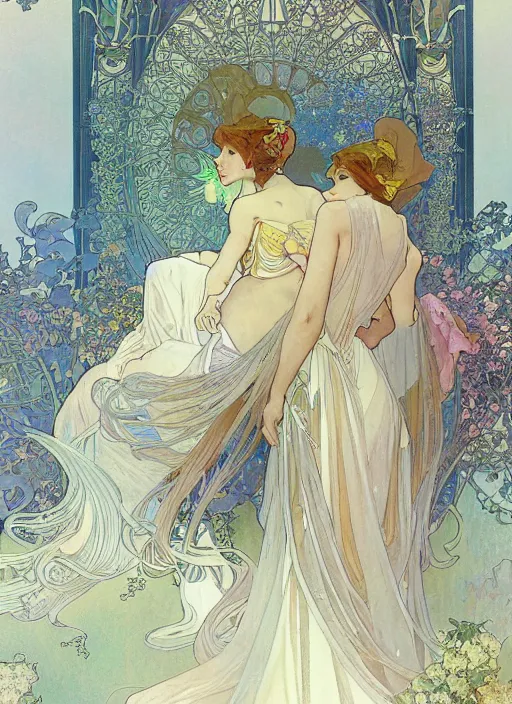 Prompt: dreamlike amidens in gowns smooth sharp focus illustration by rossdraws, alphonse mucha frank fanzzeta